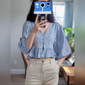 Zara embroidered balloon sleeve blouse size XS